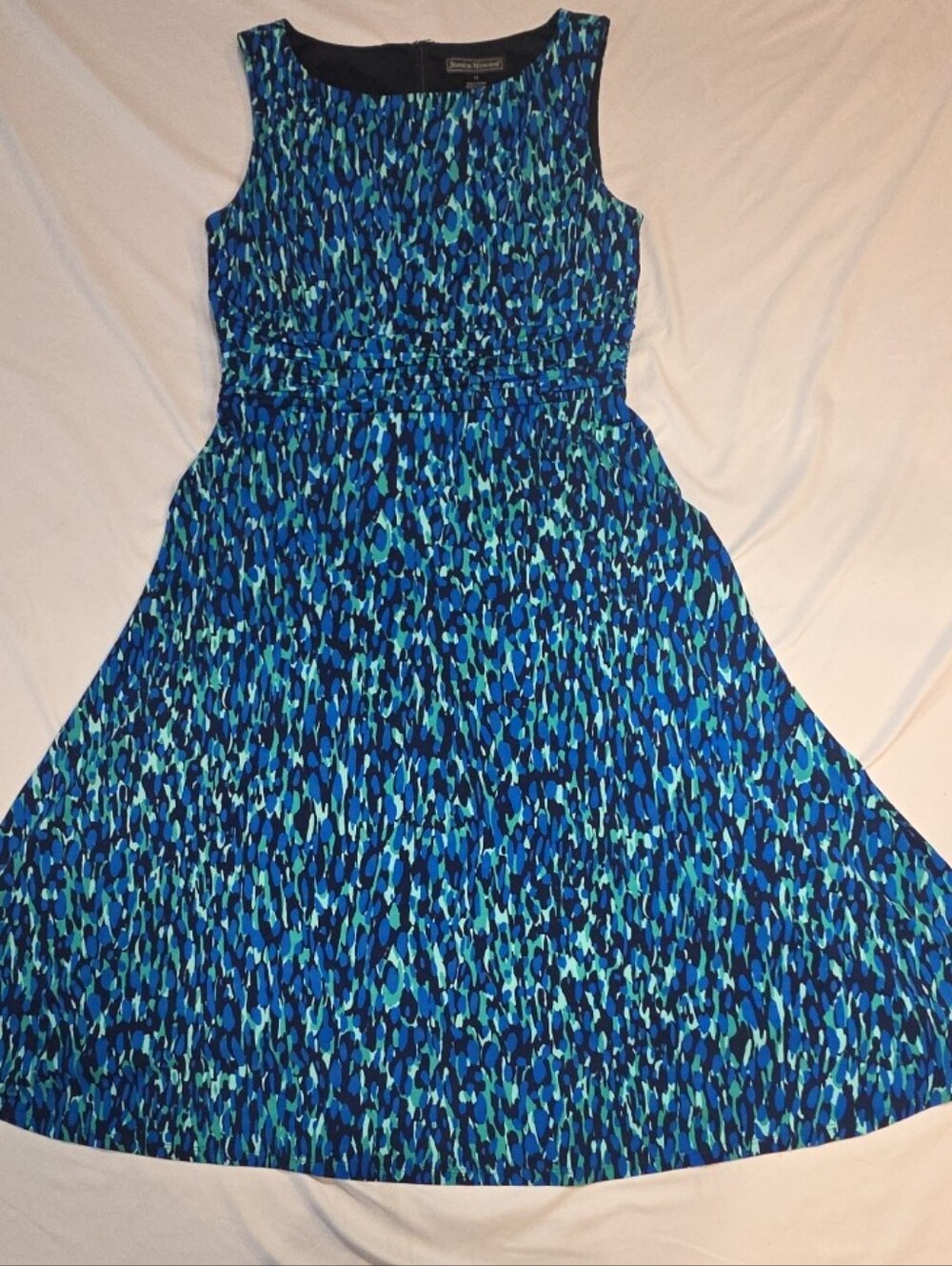 Jessica Howard 12 Blue Green Abstract Womens Swing Dress Sleeveless Dress Zipper